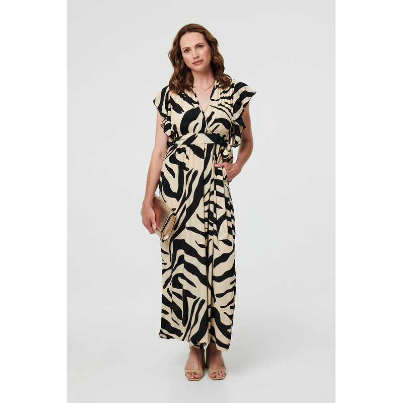 Zebra Print Frilled Cap Sleeve Jumpsuit Cream S/M