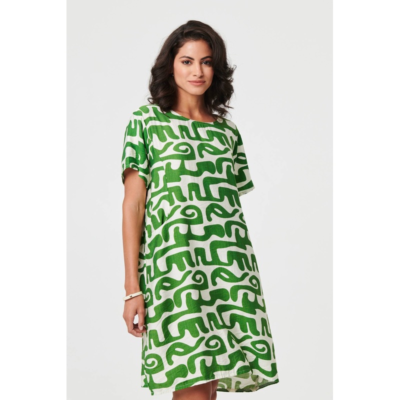 Abstract 1/2 Sleeve Knee Length Dress Green 8