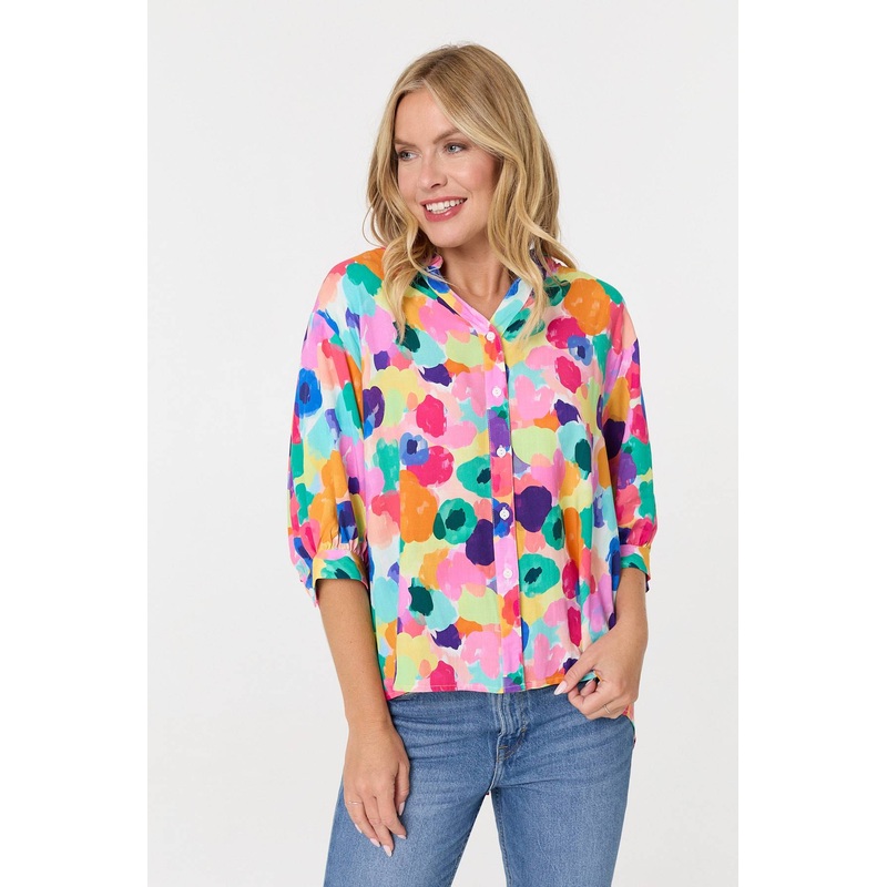 Abstract 3/4 Sleeve Curve Hem Blouse Pink 8