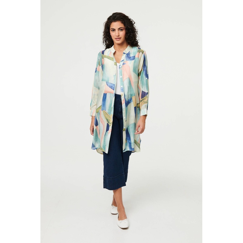 Abstract 3/4 Sleeve Short Shirt Dress Green 8