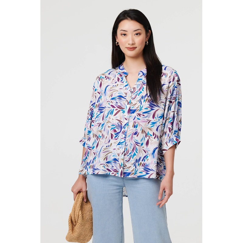 Abstract Curve Hem 3/4 Sleeve Shirt Blue 8