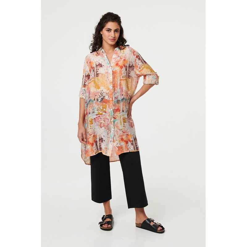 Abstract Long Sleeve Short Shirt Dress Orange 8