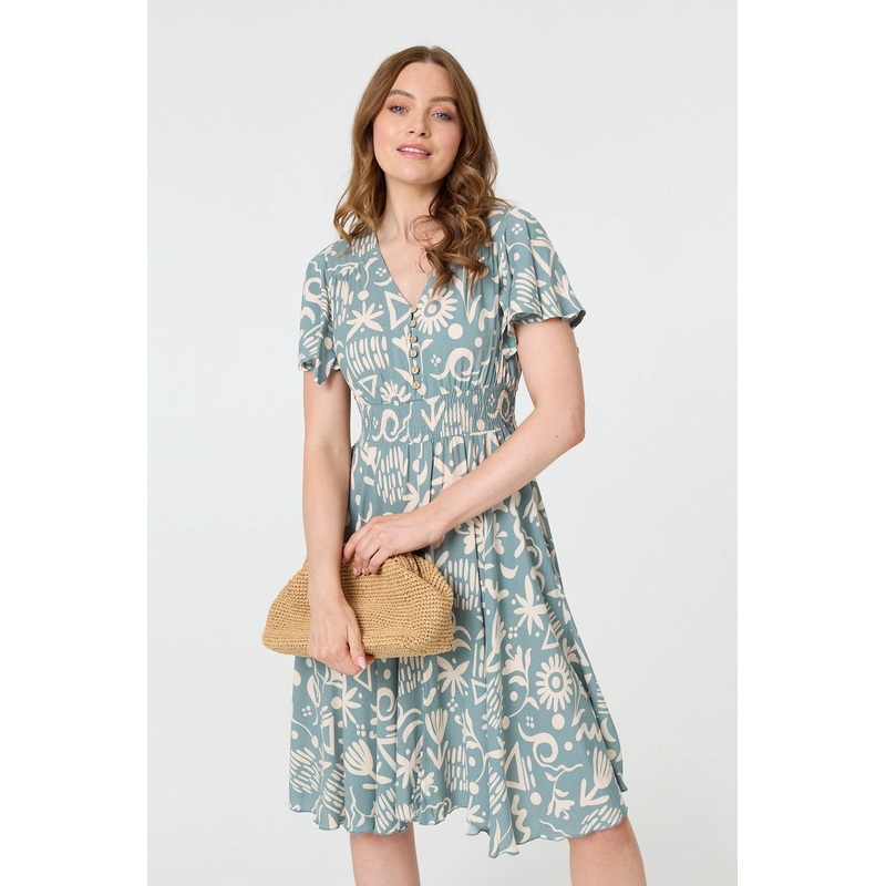 Abstract Print Shirred Knee Length Dress Sage 8