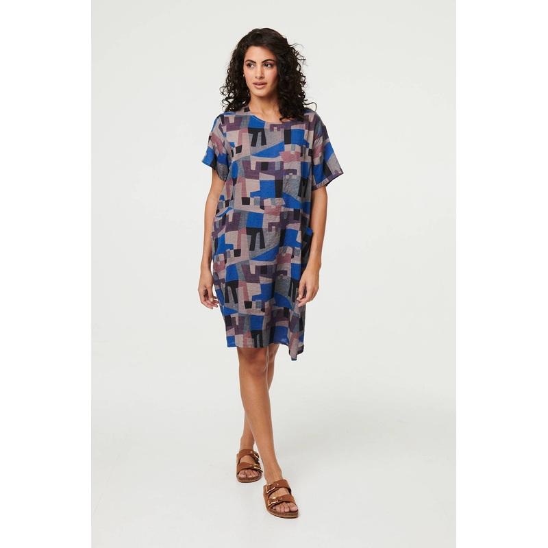 Abstract Relaxed Knee Length Shift Dress Blue 8