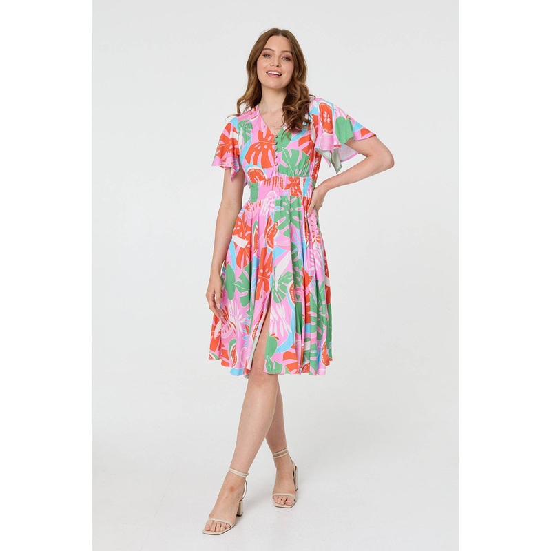 Abstract Shirred Knee Length Dress Pink 8