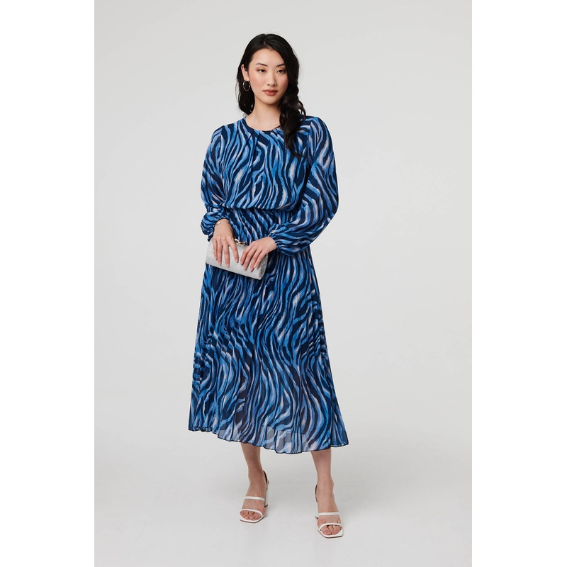 Animal Print Layered Pleated Midi Dress Blue S