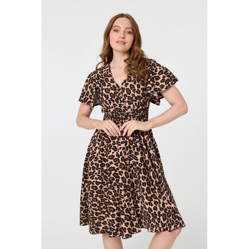 Animal Print Shirred Knee Length Dress Beige 8