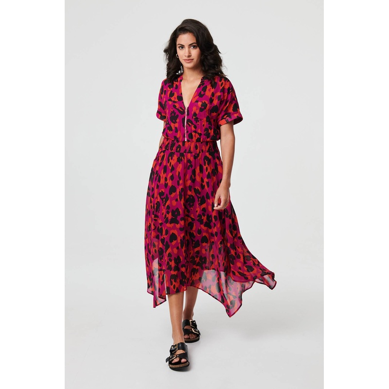 Animal Print Zip Hanky Hem Midi Dress Purple 8