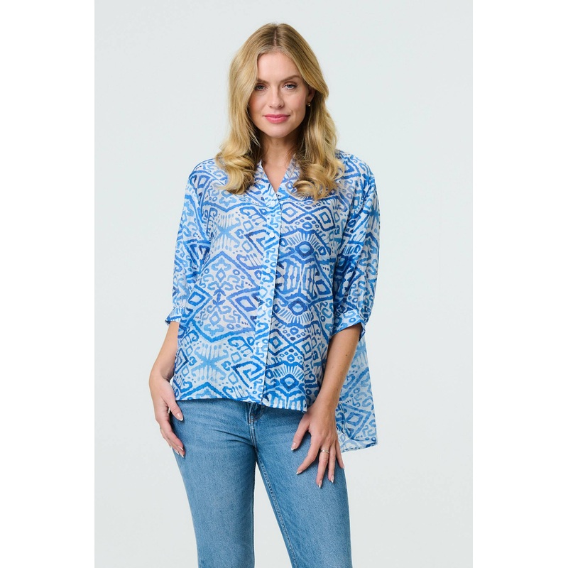 Aztec Print 3/4 Sleeve Relaxed Blouse Blue 8