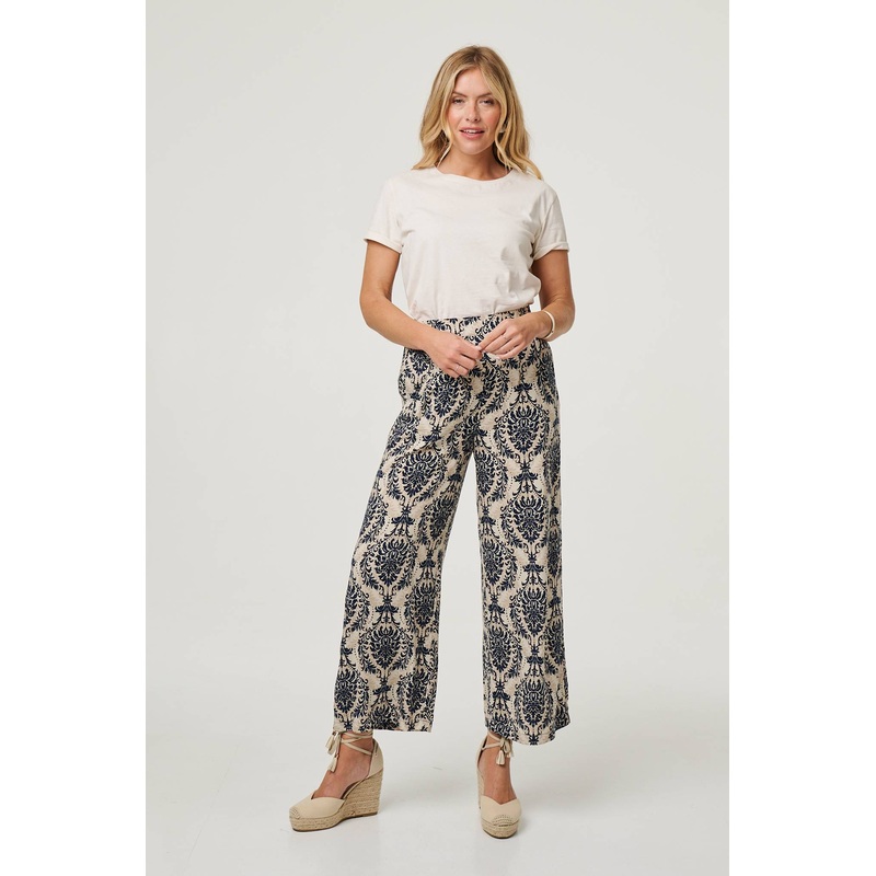 Baroque Print High Waist Wide Trousers Blue 8