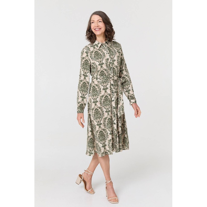Baroque Print Tie Waist Midi Shirt Dress Green 8
