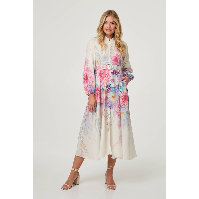 Border Print Belt Detail Midi Dress Cream 8