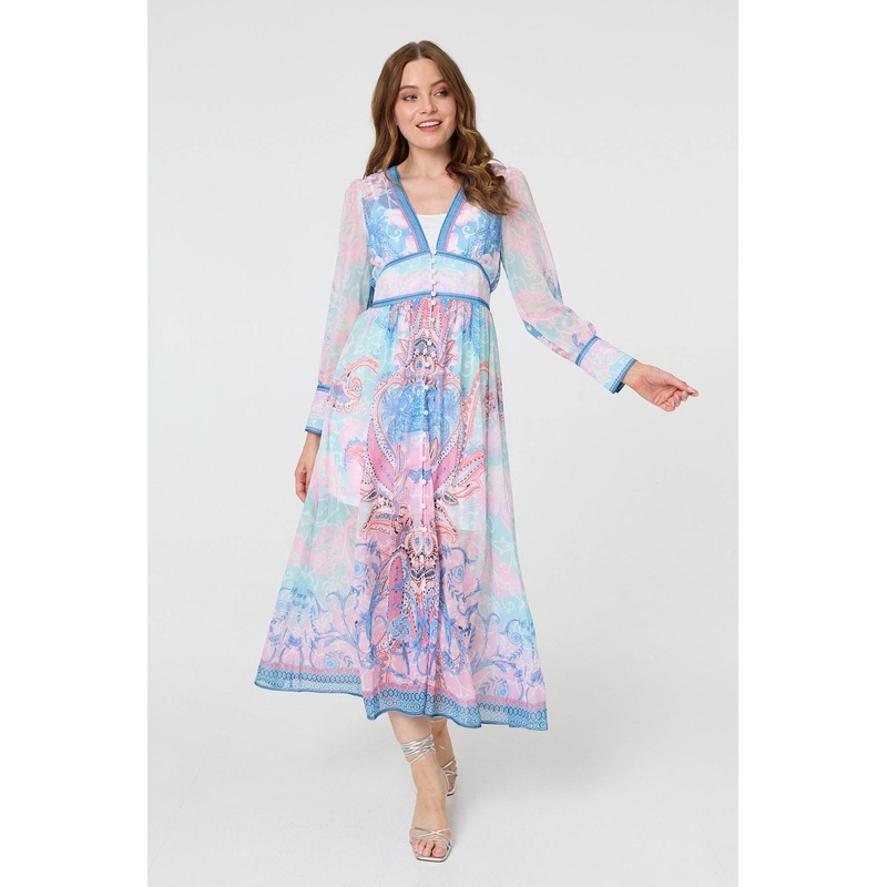 Border Print Layered Empire Midi Dress Blue 8