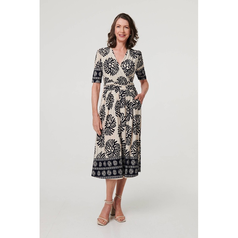 Border Print Ruched V-Neck Midi Dress Navy 8