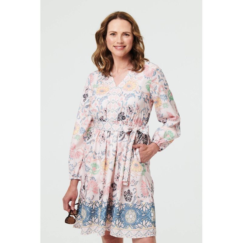 Border Print Tie Waist Knee Length Dress Pink 8