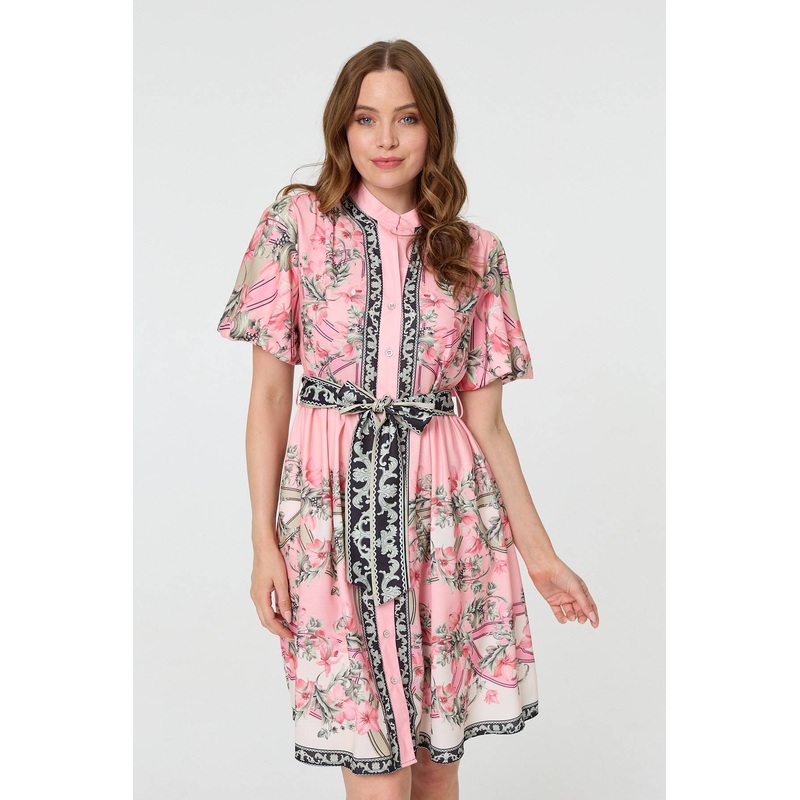 Border Print Tie Waist Short Dress Pink 8