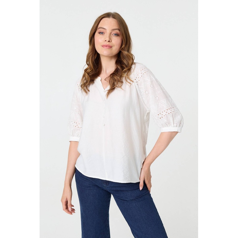Broderie Anglaise 3/4 Puff Sleeve Blouse White 8