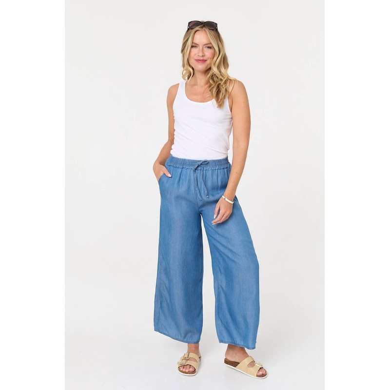 Elasticated Tie Waist Wide Trousers Blue 8