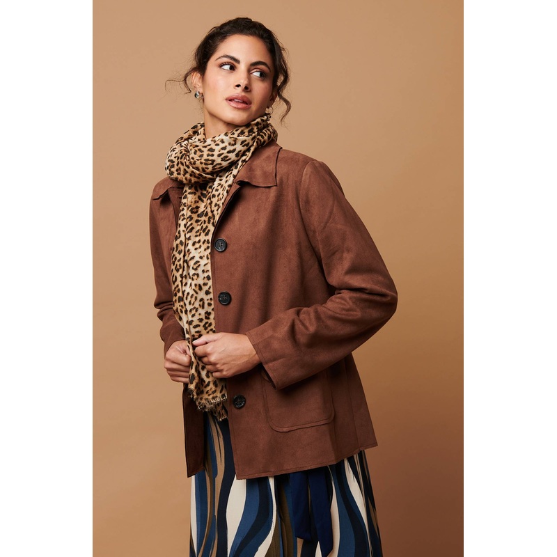 Faux Suede Button Front Shirt Jacket Brown 8