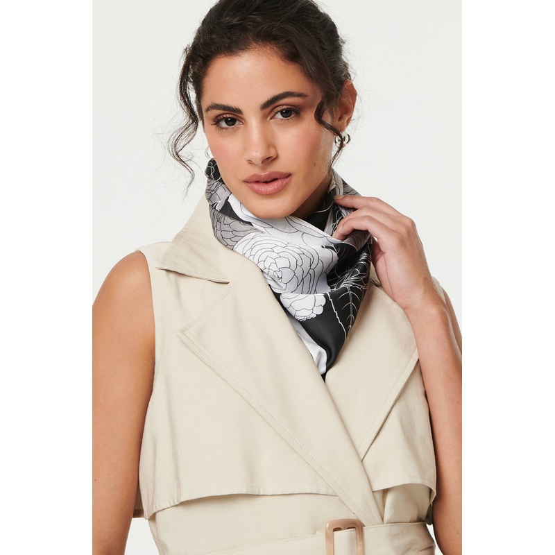 Floral Border Print Satin Square Scarf Black One Size