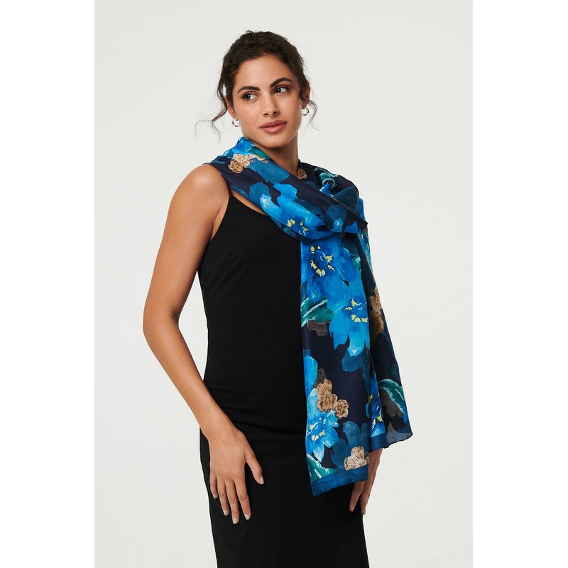 Floral Border Print Shawl Scarf Blue One Size