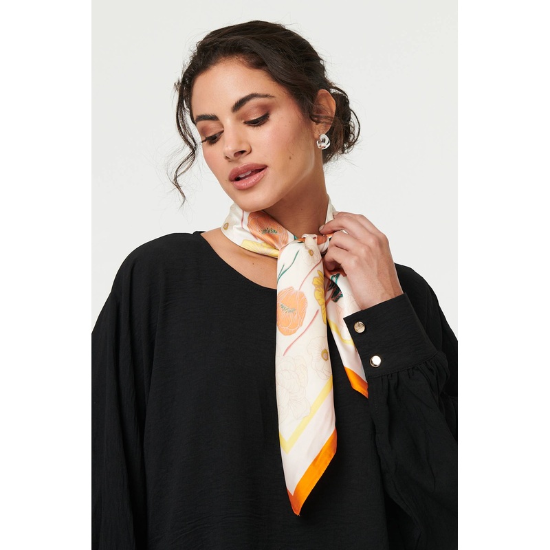 Floral Border Print Slim Square Scarf Orange One Size