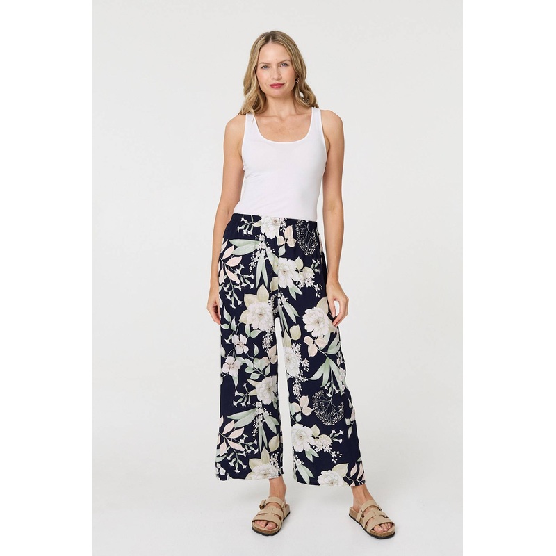 Floral Tie Waist Wide Leg Trousers Navy S