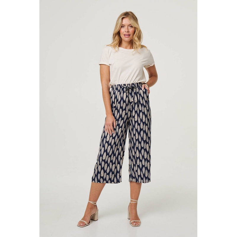 Leaf Print Cropped Wide Leg Trousers Navy 8