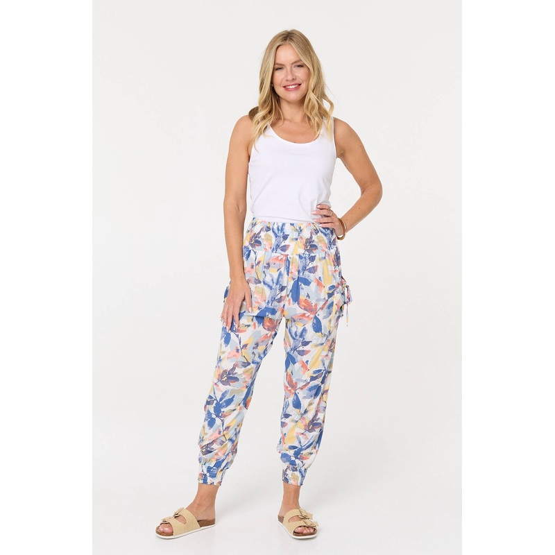 Leaf Print High Waist Harem Trousers Blue 8
