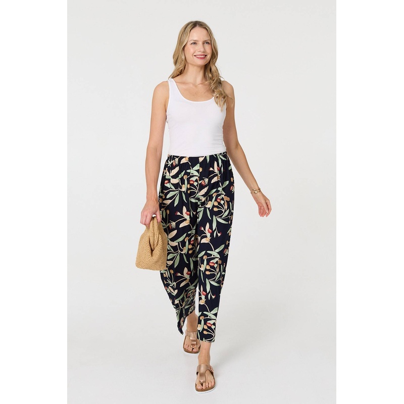 Leaf Print Tie Waist Wide Leg Trousers Navy S