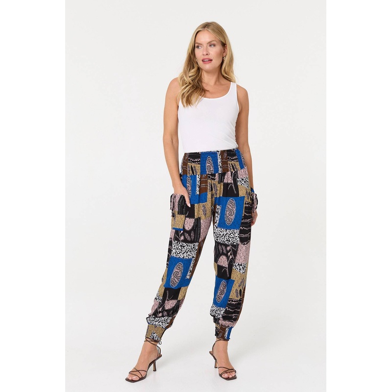 Patchwork Print Pocket Front Harem Pants Blue 8