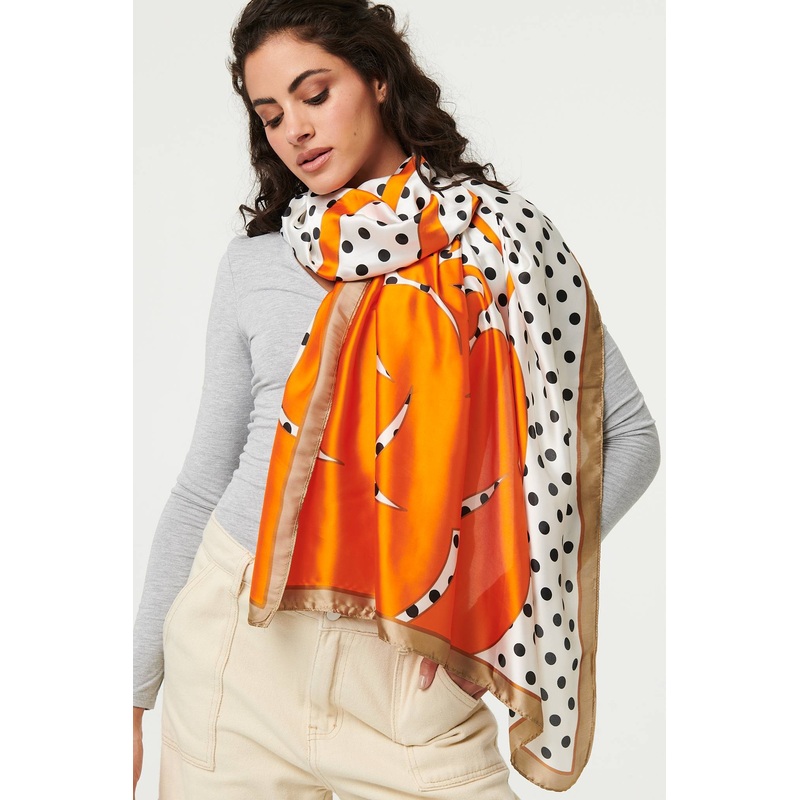 Polka Dot Border Print Shawl Scarf Orange One Size