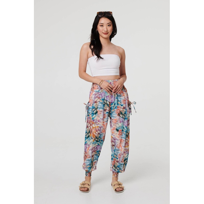 Printed High Waist Shirred Harem Pants Blue 8