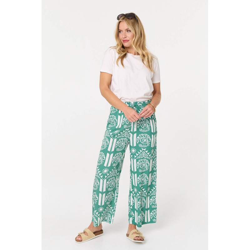 Printed High Waist Wide Crop Trousers Green 8