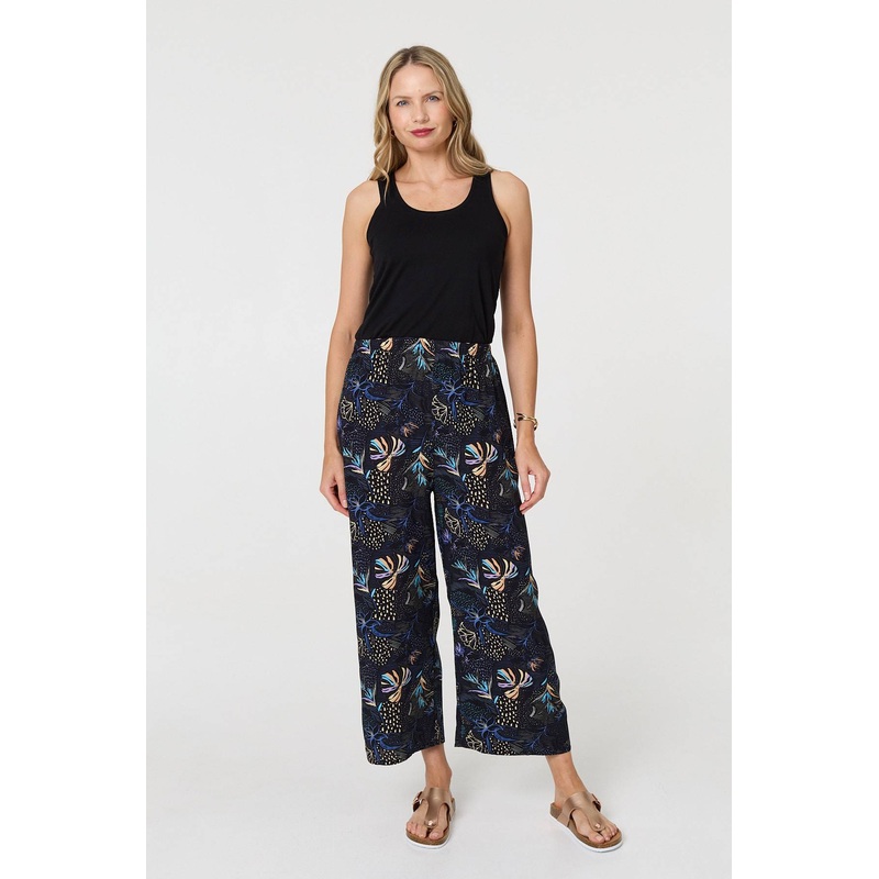 Printed Tie Waist Wide Trousers Black S