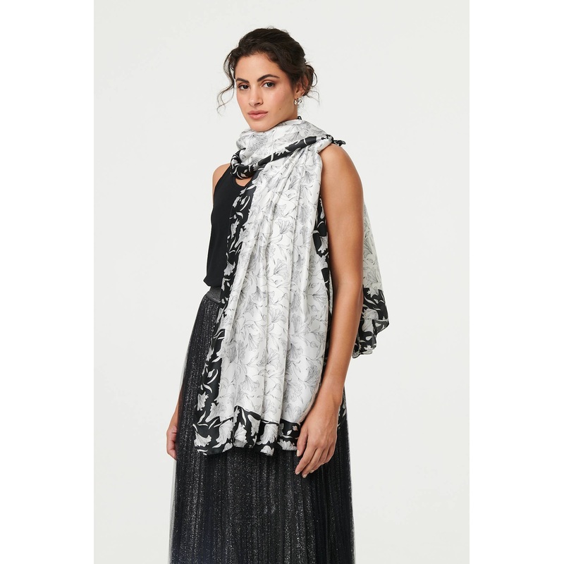 Reversible Floral Long Shawl Scarf White One Size