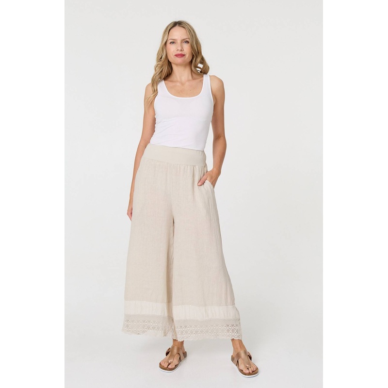 Sequin Embellished Wide Leg Trousers Beige S