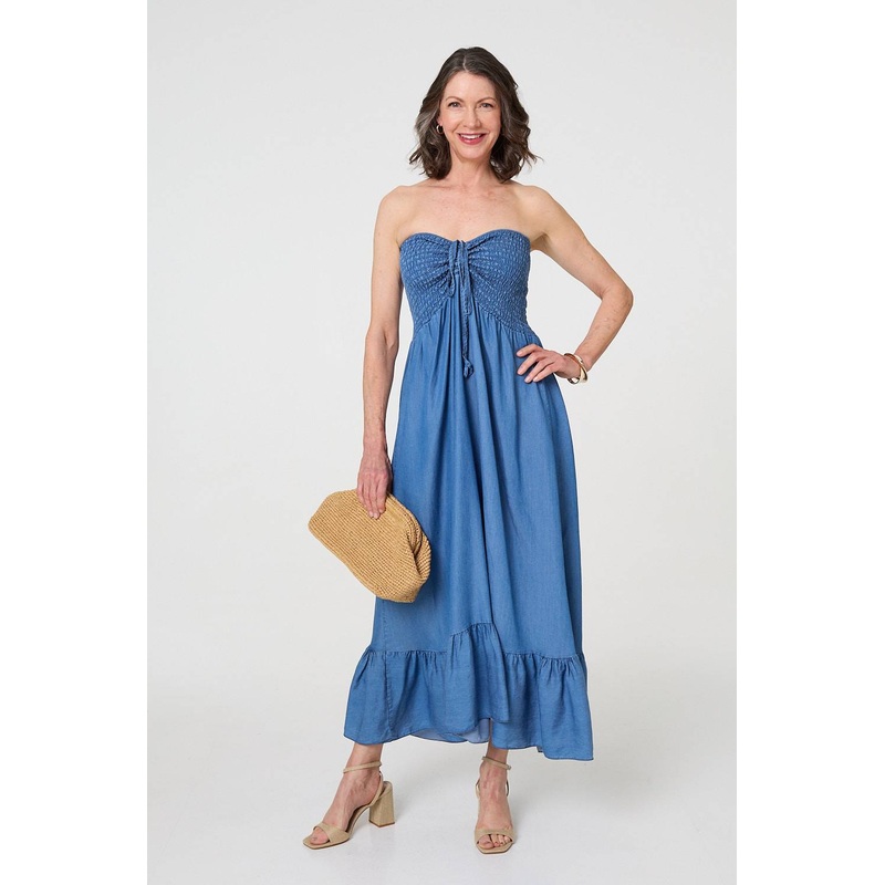 Strapless Shirred Frill Hem Maxi Dress Blue S
