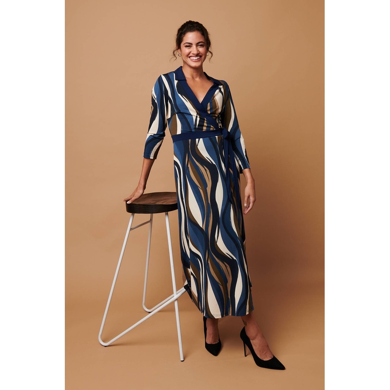 Striped 3/4 Sleeve Midi Wrap Dress Blue 8