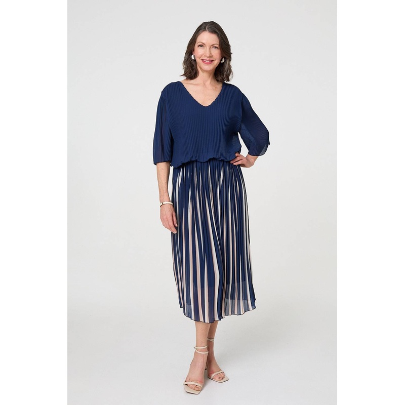 Striped Pleat 1/2 Sleeve Midi Dress Navy S