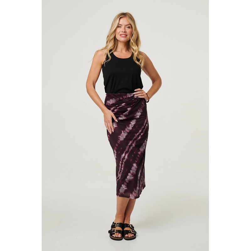 Tie Dye Ruched High Waist Midi Skirt Burgundy 8