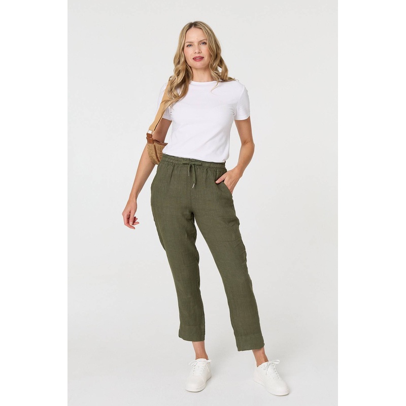 Tie Front High Waist Slim Leg Trousers Khaki S