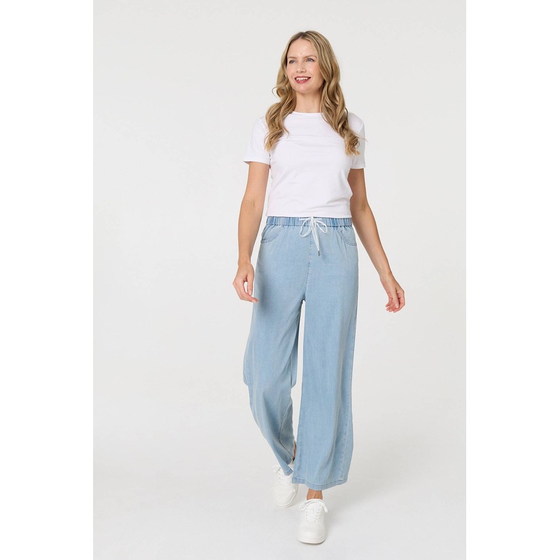 Tie Waist Wide Leg Relaxed Trousers Blue 8