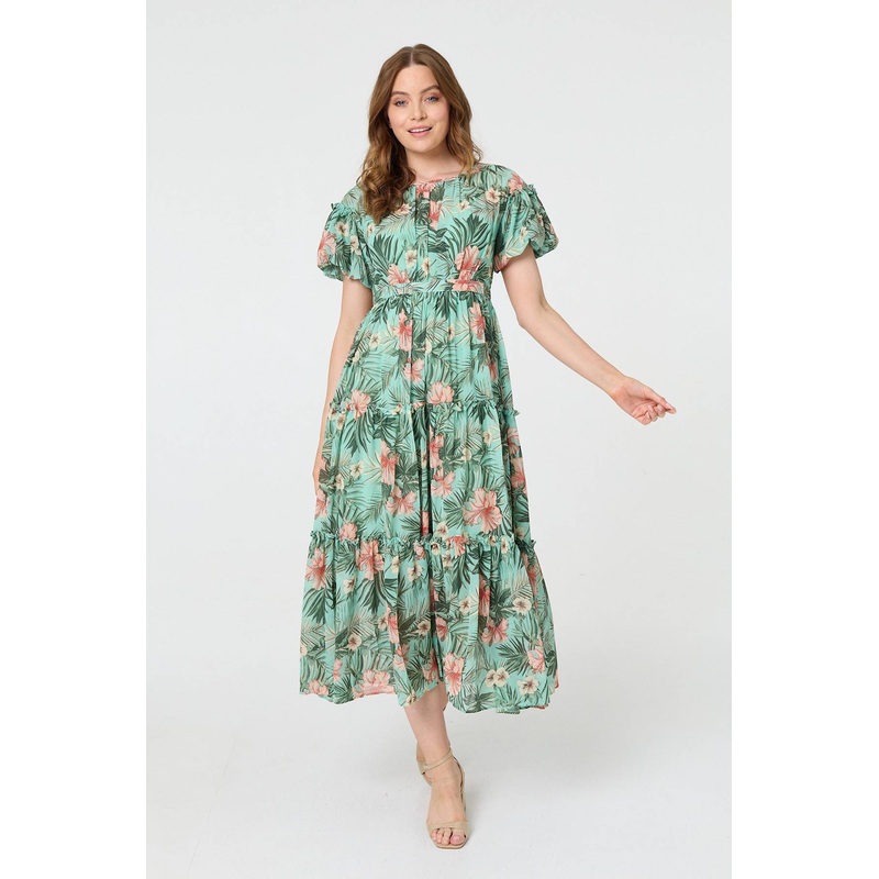 Tropical Print Frill Tiered Midi Dress Green 8