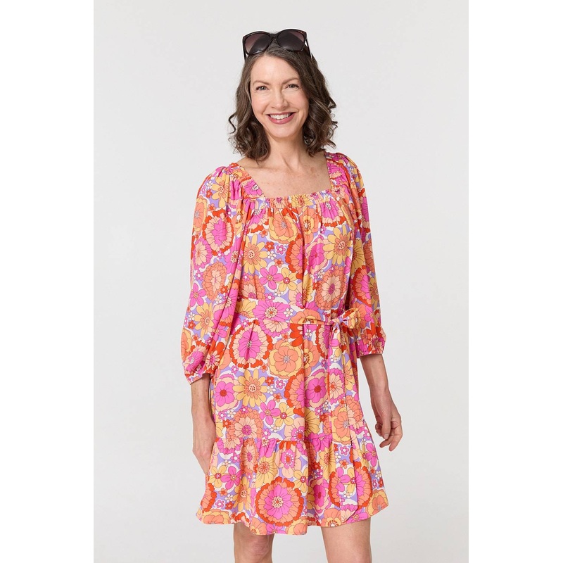 Vintage Floral Tie Waist Short Dress Pink 8