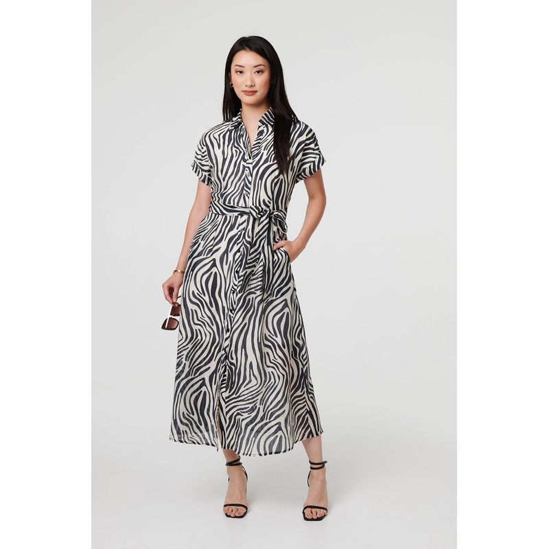 Zebra Print Tie Waist Midi Shirt Dress Black 8