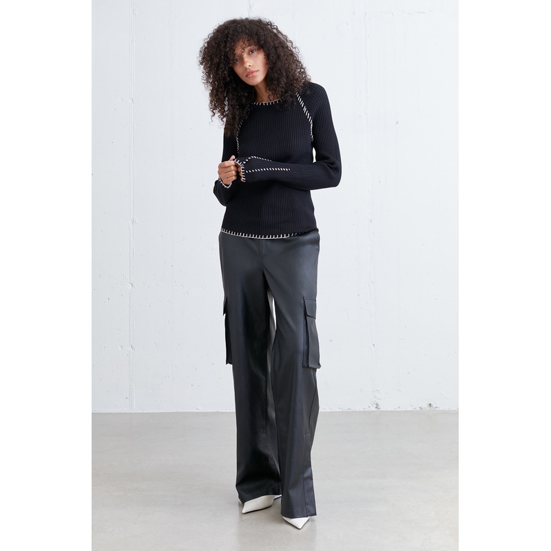 RIBBED SWEATER WITH CONTRAST STITCHING Black Cream Extra Small