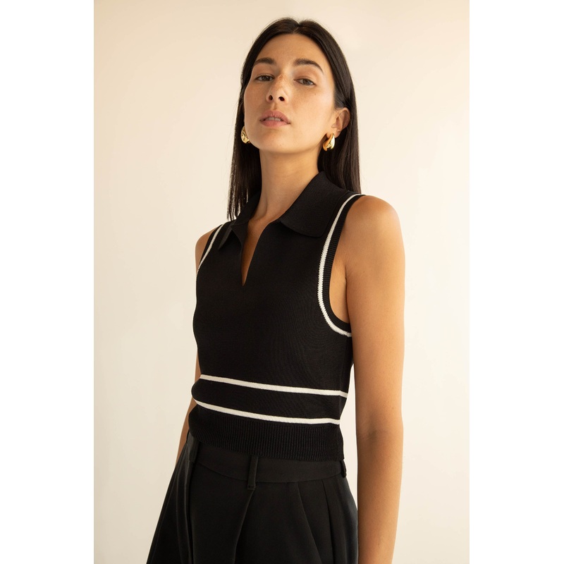 SLEEVELESS COLLARED KNIT TANK Black Birch Extra Small
