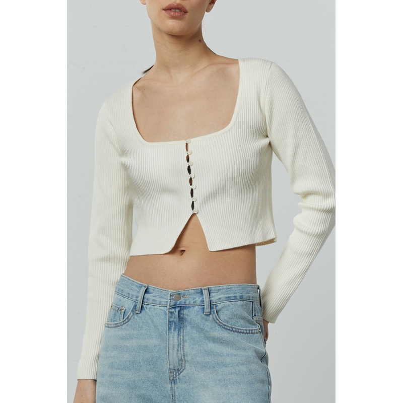 SQUARE NECK BUTTON FRONT SWEATER Humus Extra Small