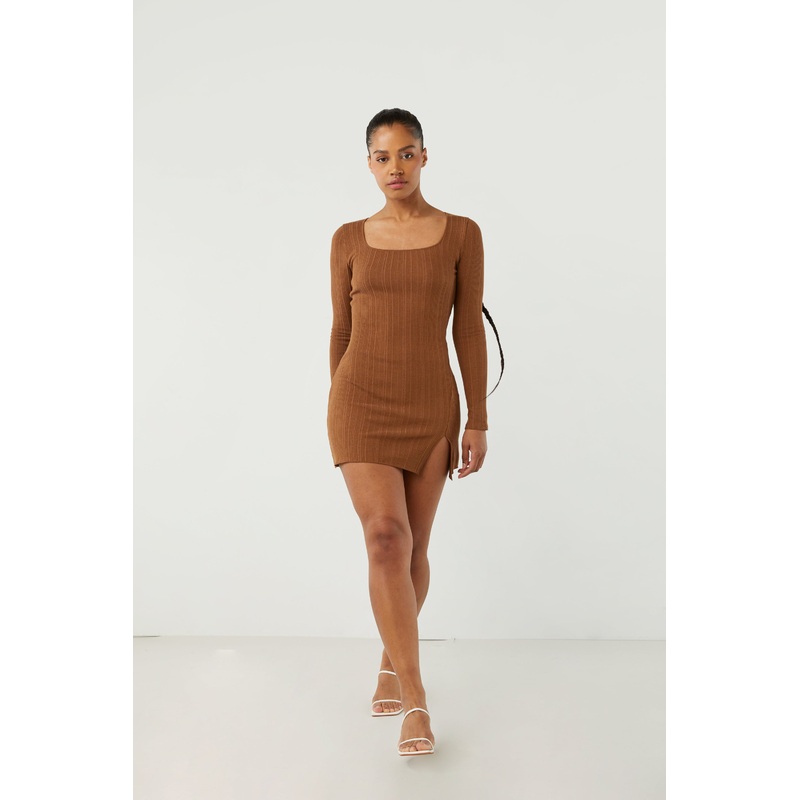 SQUARE NECK MINI DRESS Brown Extra Small